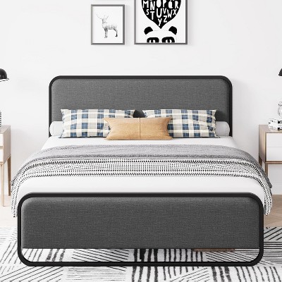 Queen Size Metal Bed Frame with Curved Upholstered Headboard and Footboard, 10.3'' Underbed Space, No Box Spring Needed