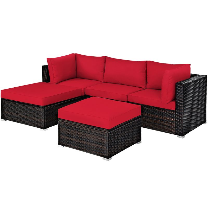 Costway 5PCS Patio Rattan Furniture Set Sectional Conversation Set Ottoman Table Red, 2 of 11