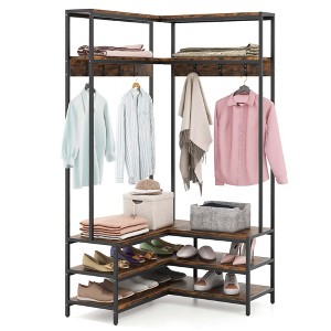 Costway Corner Garment Rack L-shaped Clothes Rack with Open Shelves & Adjustable Foot Pads Rustic Brown/Walnut/White - 1 of 4