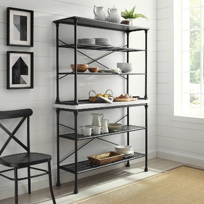 Elegant French Industrial Inspired Matte Black Baker's Rack with Faux Marble Top