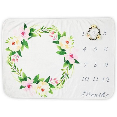 Farmlyn Creek Floral Baby Milestone Blanket with Small Wreath, Baby Photo Blanket, 40 x 27.5 in