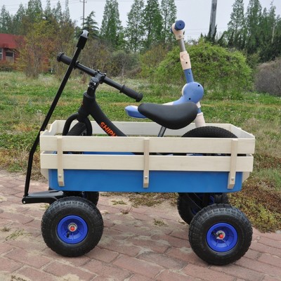 Heavy Duty Steel Wooden Side Support Cargo Wagon with All-Terrain Air Tires,Effortless Foldable Handle Cart for Towing Kids Toys
