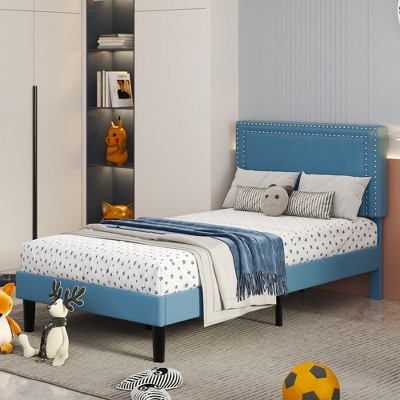 VECELO Velvet Upholstered Platform Bed Frame with Adjustable Headboard, Sturdy Wood Slats & Metal Support, No Box Spring Needed, Twin/Full/Queen Size