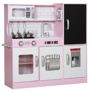 TopCompy Pretend Play Kitchen with Chalkboard Play Phone Ice Maker 5 Accessories Storage for Kids 3-8 Years Imaginative Play, Pink, 35.4"*13.4"*7.1" - 1 of 4