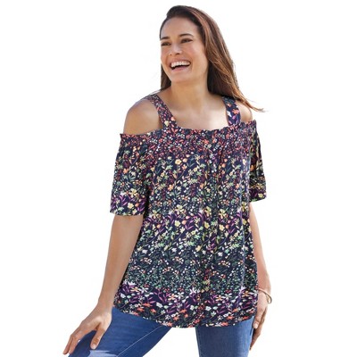 Woman Within Plus Size Printed Cold-Shoulder Blouse