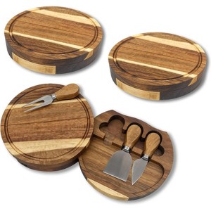 3-Piece Cheese Board Set Acacia Wood, with Stainless Steel Knives, Pull Drawer Charcuterie Platter in Square & Round Shapes, Gift Box Included - 1 of 4