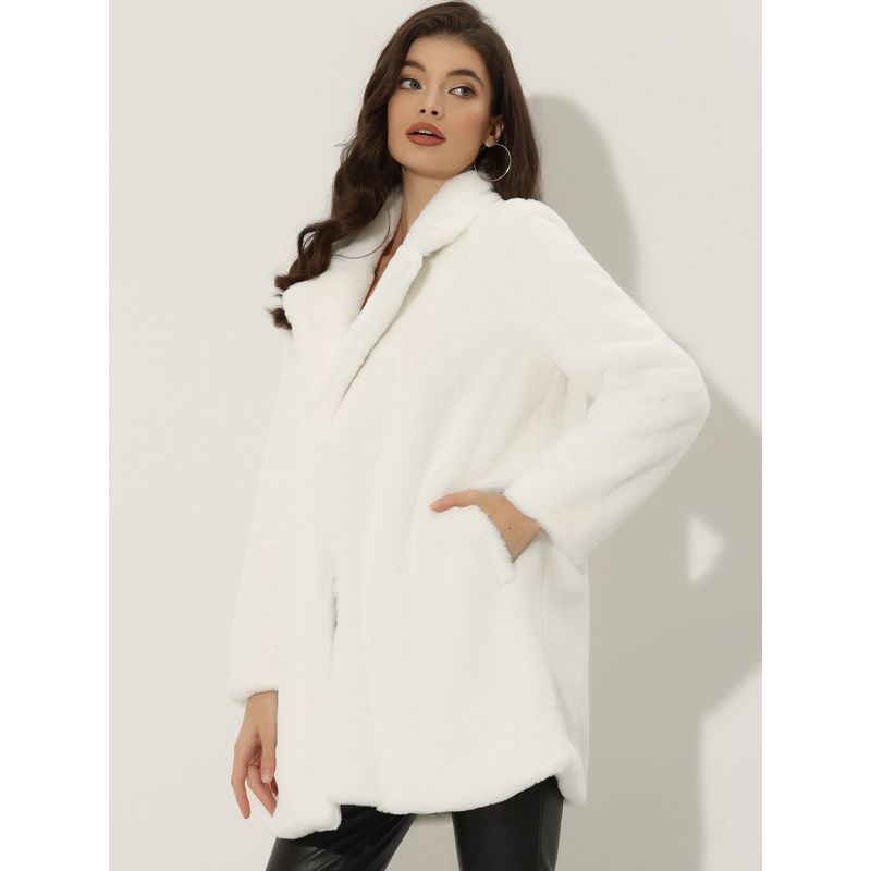 Allegra K Women's Lapel Collar Faux Fur Fuzzy Winter Long Overcoat with Pockets, 3 of 7