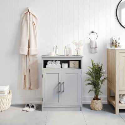 Gray Engineered Wood Bathroom Storage Cabinet with Adjustable Shelves