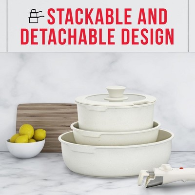 Cream 15-Piece Non-Stick Carbon Steel Cookware Set with Detachable Handles