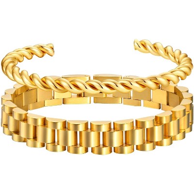 2pcs Gold Chain Link Bracelet, Stainless Steel Crystal Friendship Bracelets Bangle,Watch Band Chains Wristband