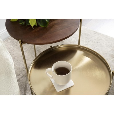 Ulani Nesting Side Table Set, Walnut Brown Wood and Gold Metal