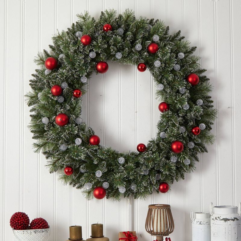 Nearly Natural 48&#34; Pre-lit LED Decorated Frosted Pine Artificial Christmas Wreath Green with Warm White Lights, 6 of 8