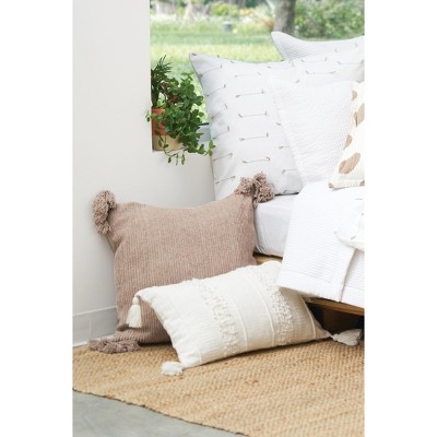 Beige Cotton Blend Textured Throw Pillow with Tassels