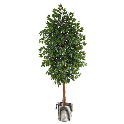Nearly Natural 8-ft Ficus Artificial Tree in Handmade Black and White Natural Jute and Cotton Planter