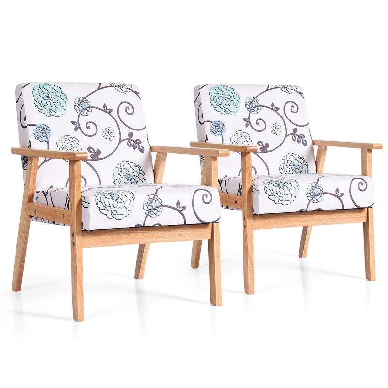 Costway 2PCS Accent Armchair Upholstered Chair Home Office w/ Wooden Frame White/Blue/Yellow, 1 of 11