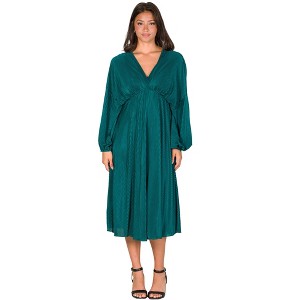 24seven Comfort Apparel Shimmer Pleated V Neck Empire Waist Bishop Sleeve Midi Dress - 1 of 4