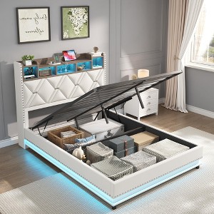 Lift Up Platform Bed Frame with Storage Headboard, LED Light & Charging Station - 1 of 4