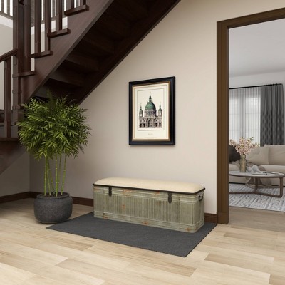 Gray Galvanized Metal Storage Bench with Beige Upholstered Seat