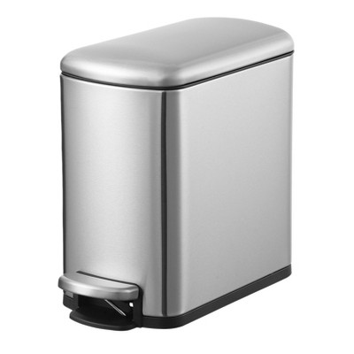 Stainless Steel Step Pedal Trash Can, 6 Liter (1.6 Gallon) Bathroom Garbage Bin with Lid, Automatic Lowering & Soft Closing