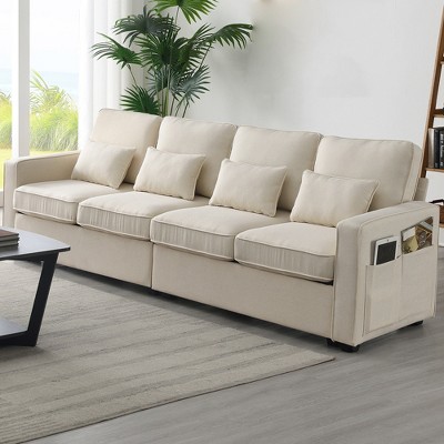 104" Modern 4 Seater Sofa Couch, Fabric Linen Upholstered Sofa with Pockets, Deep Seat Sleeper Sofa Couch for Living Room Office Bedroom Apartment