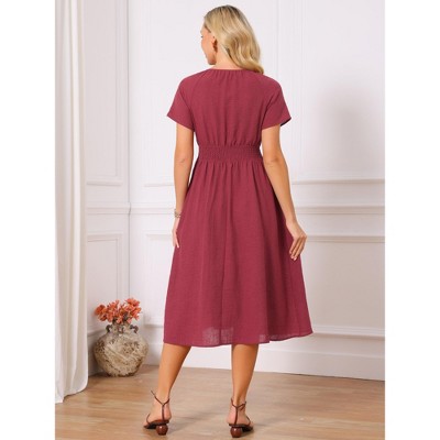 Женские платья INSPIRE CHIC Women's Summer Smocked Waist Short Sleeve Tie V Neck A-line Flowy Beach Midi Dresses X-Large Wine Red — фото 5