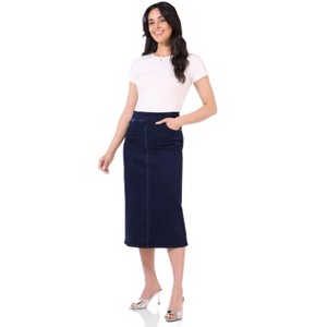 Rekucci Women’s Secret Figure Pull-On Stretch Denim Midi Skirt – Mid-Rise Slim Fit Jean Skirt with 5 Pockets, Back Slit & Sculpting Comfort - 1 of 2