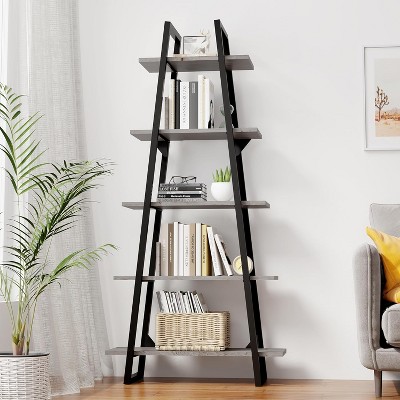 72" A-Frame Bookshelf w/ 5 Adjustable Shelves, Industrial Metal & Wood Ladder Bookcase for Living Room, Bedroom, Office