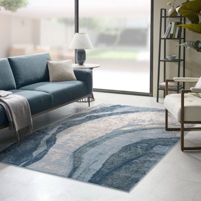 Kumasinova Abstract Wave Area Rug – Blue Pattern, Medium Pile Rugs for Living Room, Easy-Clean Cut & Loop Design Living Room Rug