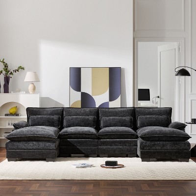 CAVINAS 110×50"U-shaped Sectional Sofa with Plush pillows,6 Symmetrical Cushions Indoor Furniture,Sectional Couches for Living Room ,Apartment,Black
