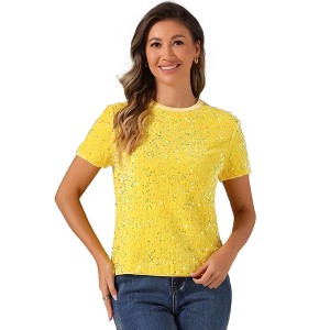 INSPIRE CHIC Women's Sequin Velvet Crew Neck Short Sleeve T-shirt - 1 of 4