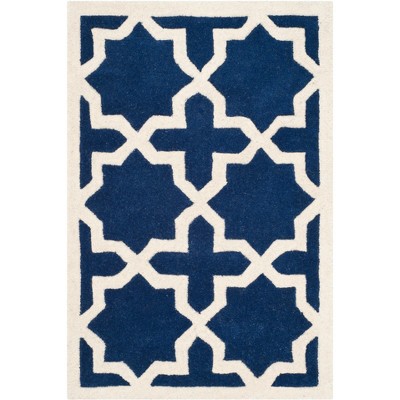 Handmade Dark Blue and Ivory Wool Tufted Rug, 2' x 3'