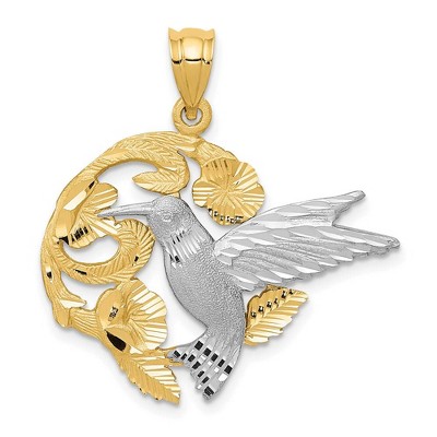 Black Bow Jewelry 14k Yellow and White Gold 28mm Hummingbird and Flower Pendant