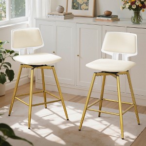 VECELO Counter Height Bar Stools Set of 2, Faux Leather Upholstered Barstools with Back Footrest and Metal Legs, Armless Bar Chairs, Brown/Gold - 1 of 4