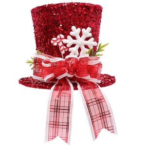 Aoibox Christmas Tree Topper Red Sequin Top Hat with Bowknot Snowflake Candy Canes Artificial Spruce 8 Inch 1 Piece Holiday Decor - 1 of 4