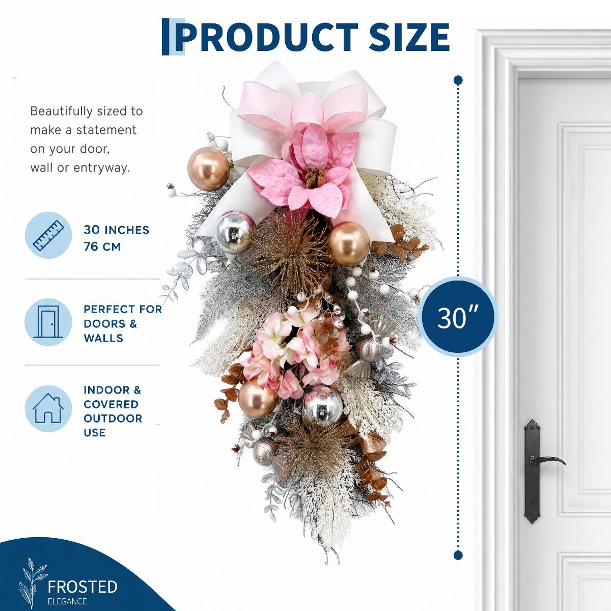 Garvee 30-Inch Christmas Wreath for Front Door with Pink Ribbon Bow - Artificial PVC Wreath for Holiday Door Decor Indoor Outdoor - thumbnail 2