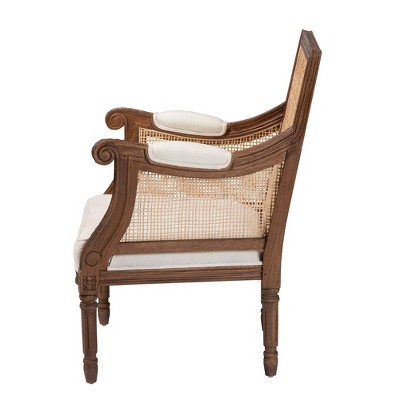 Beige Fabric and Walnut Wood Swoop Arm Accent Chair