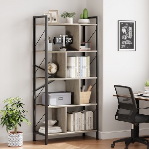 Garvee Industrial 5 Tier Bookshelf, Modern Open Etagere Bookcase, Wood Metal Book Shelves for Living Room, Bedroom and Office, Gray - 1 of 4