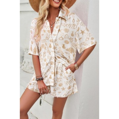 I am a Fashion Junky Allover Print Elastic Shorts Two Pieces Button Set