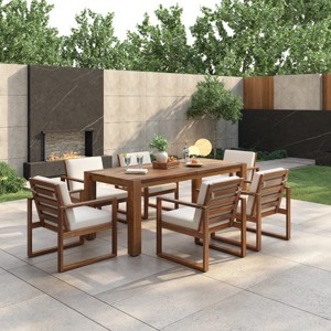 Outdoor 7-Piece Dining Set, Dining Table with Umbrella Hole, Dining Cahirs with Wood Frame and Polyester Cushions-Coolbibila - 1 of 4
