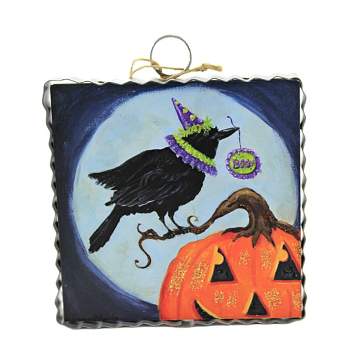 Halloween Hamilton Boo Crow  -  One Plaque 7 Inches -  Pumpkin Night Sky  -  F21109  -  Wood  -  Blue