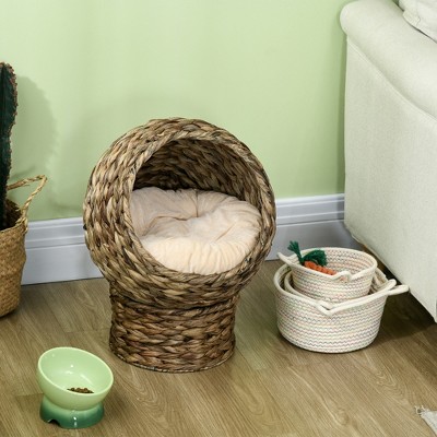 Natural Water Hyacinth Elevated Cat Bed with Cushion