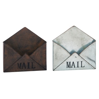 Transpac White Brown Metal Mail Envelope Decor Set of 2 Home Decorations