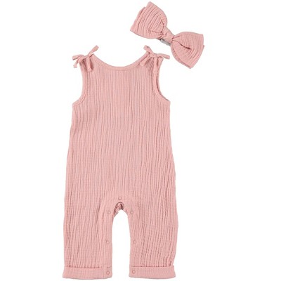 Image of Chick Pea Baby Girl Outfit Set Infant Newborn Overalls and Matching Headband 2 PC Set Muslin Adorable Pink 6-9M
