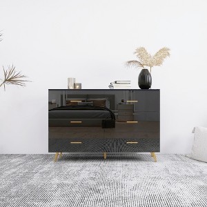 High Gloss 6-Drawer Chest of Drawers with Gold Handles & Steel Legs, Spacious Modern Vanity Cabinet for Bedroom or Living Room, Anti-Tip Safety Design - 1 of 4