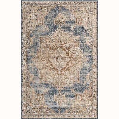 Beige & Light Blue Easy-Care Stain-Resistant Synthetic Area Rug, 6' x 9'
