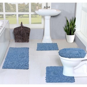Bell Flower Collection Bath Rugs, Extra Soft and Absorbent, Non-Slip Bath Mats, Machine Wash, 4 Pcs Set with Toilet Lid Cover, Sky Blue - 1 of 4