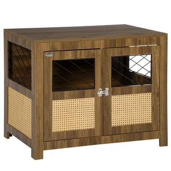 PawHut Dog Crate Furniture with Soft Cushion, Dog Crate End Table with Rattan Decoration, Dog Kennel Furniture Indoors, Walnut