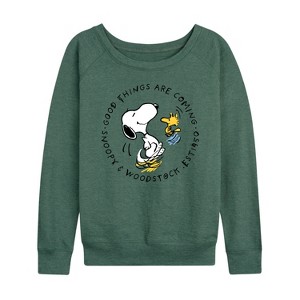 Women's - Peanuts - Good Things Are Coming Circle Lightweight French Terry Wide Neck Long Sleeve Shirt - 1 of 4