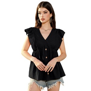 Clearlove Womens Tops  Flutter Sleeve T-Shirts Trendy Ruffle Short Sleeve Loose V-Neck Tunic Tops - 1 of 4
