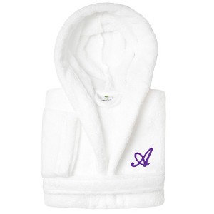 Personalized Linum Kids 100% Polyester SUPER PLUSH Double Brushed Hooded Bathrobe in Purple Script Font - 1 of 4